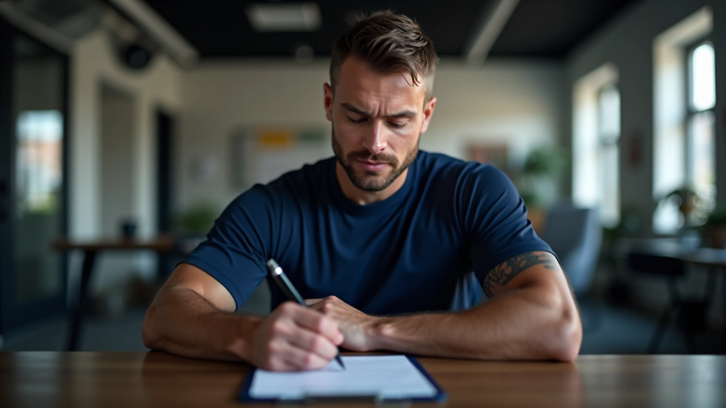 Trainer writing personalized training plan and progress notes in notebook during client consultation session