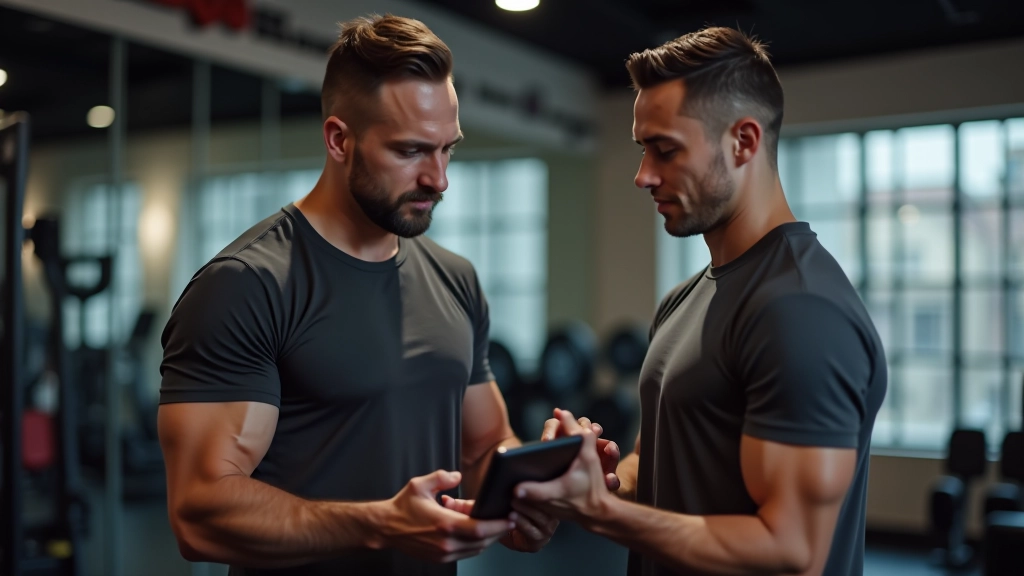 Certified male trainer aged 45 discussing personalized workout program with client using tablet in modern gym setting