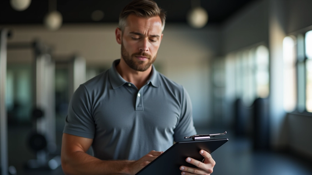 Personal trainer reviewing workout metrics and progress notes with client during one-on-one session